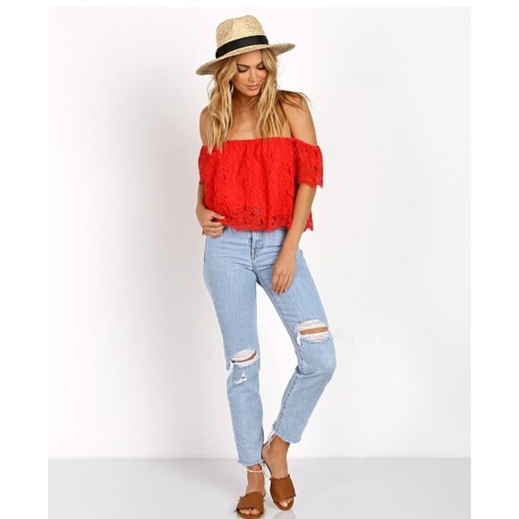 Show Me Your Mumu Ella Spring Fling Blood Orange Lace Off Shoulder Top S - Picture 1 of 6